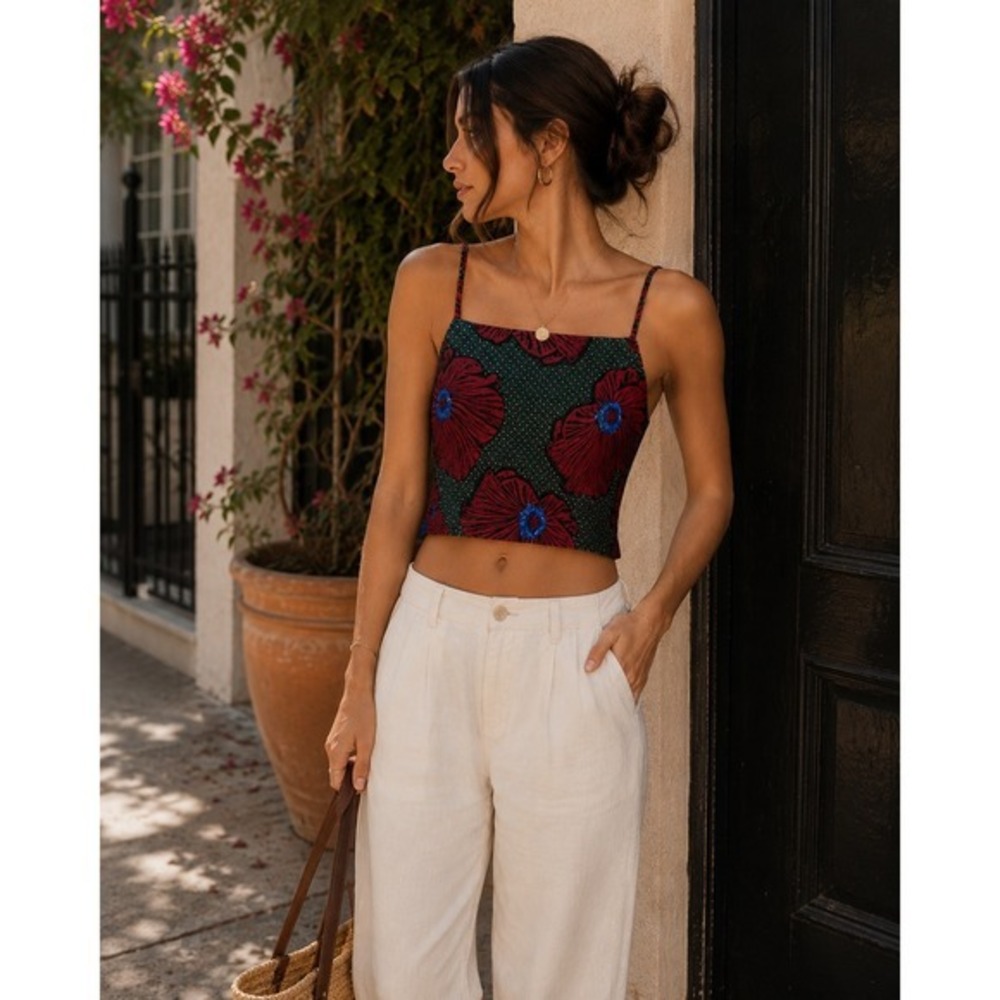 Topshop Size 4 Floral Cropped Cami Corset Top Green Burgundy